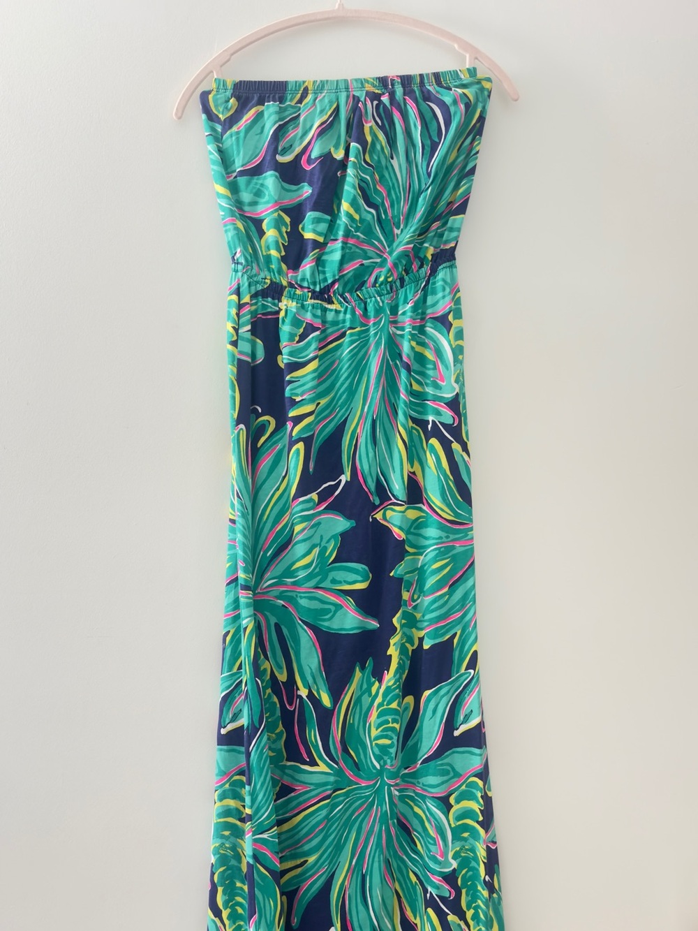 Lilly Pulitzer Strapless Maxi Dress XS Tropical Palm Print Navy Green Pink EUC